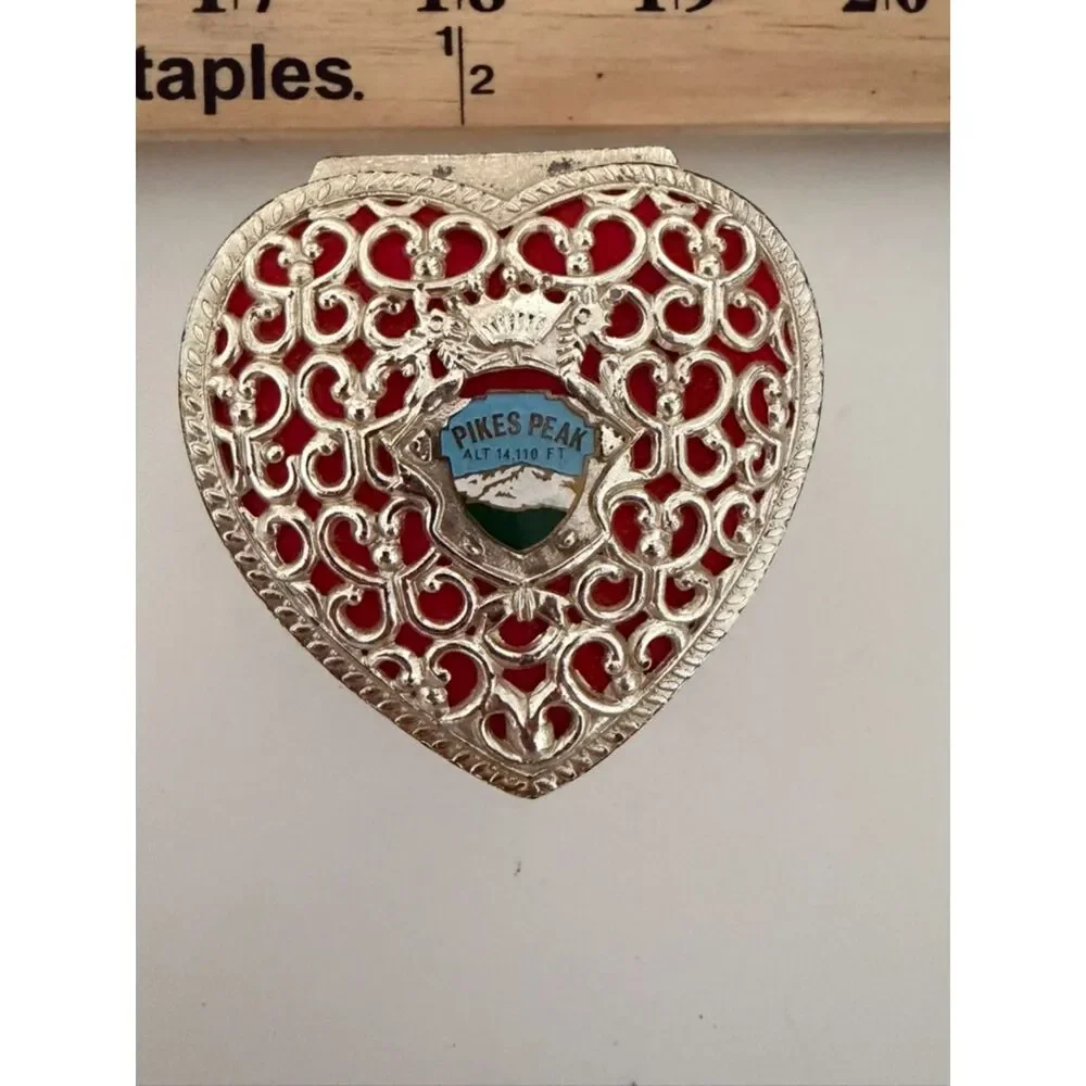 Vintage Heart-shaped trinket box with pikes peak emblem and red velvet liner